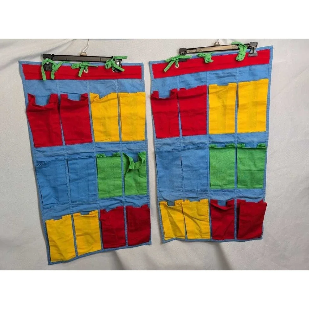 Vintage Classroom Hanging Pocket Organizer Red Yellow‎ Green Blue 2 Pc Set